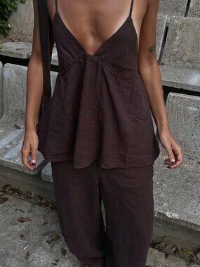 Dark Brown Casual Women's Camisole Top with V-Neck & Drawstring Pants Set